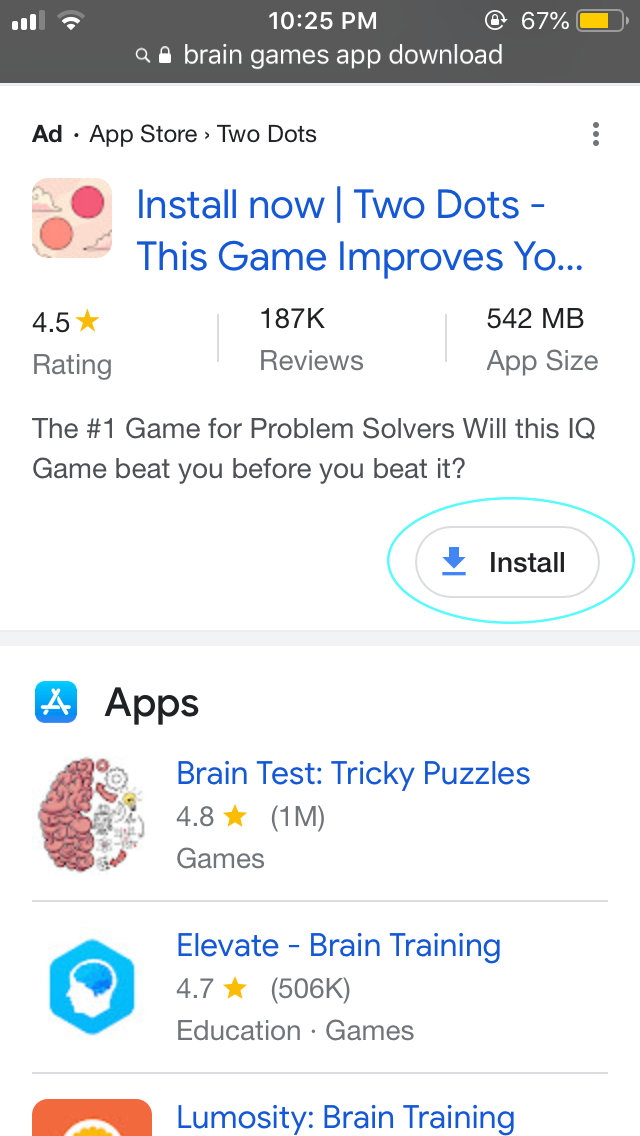 App install ad on Google's search results page on mobile