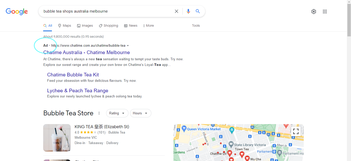 A Google Ad for a bubble tea shop in Melbourne, Australia