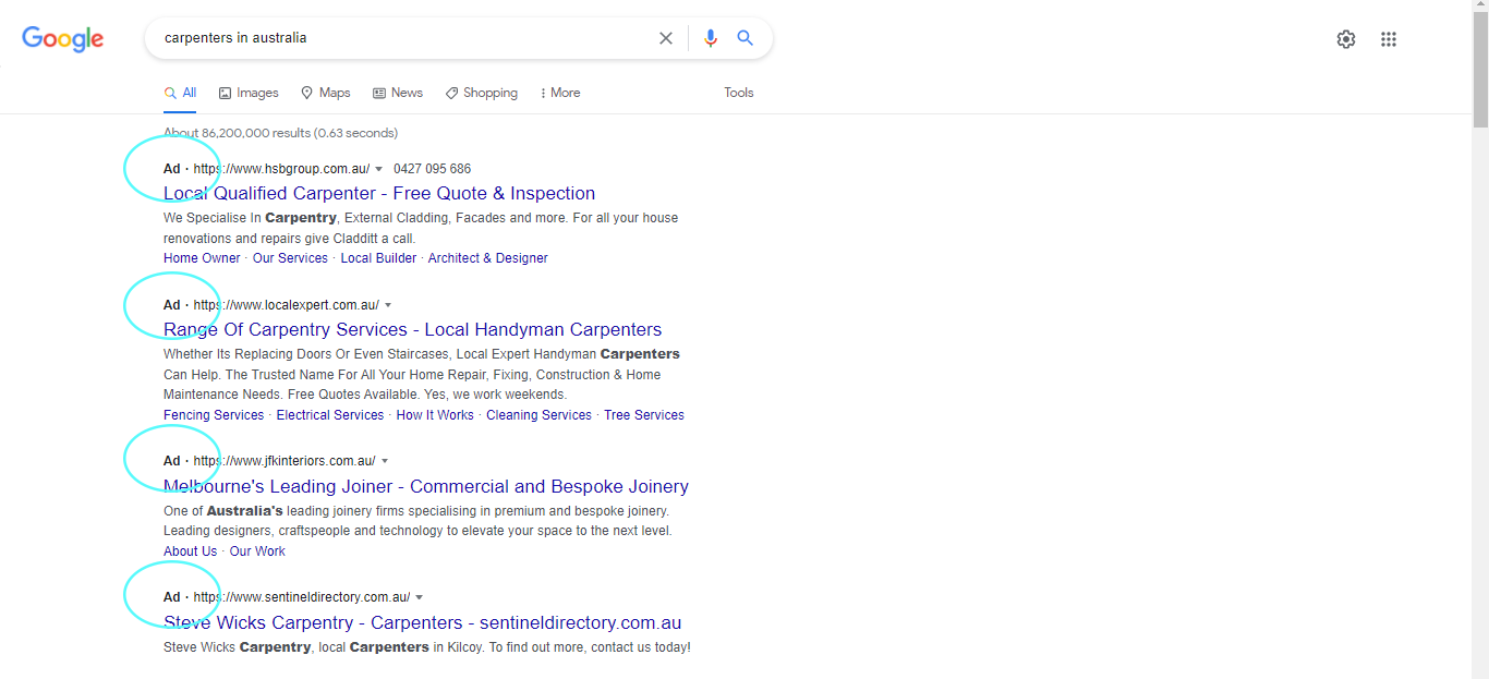List of Google Ads for carpentry services in Australia