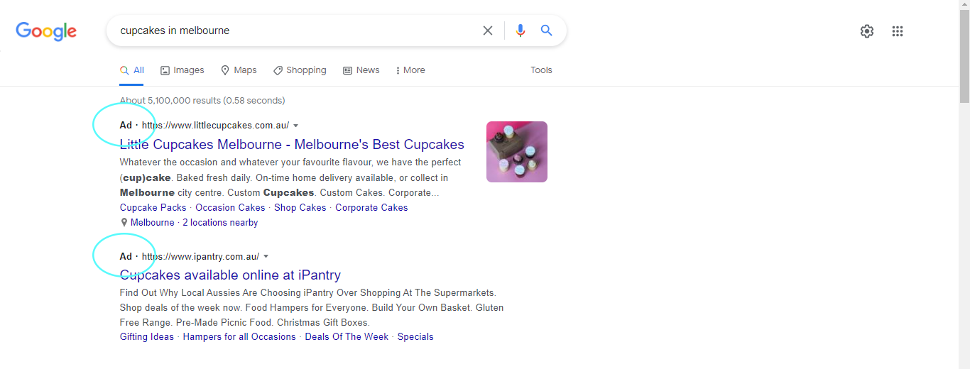 List of Google Ads for cupcake shops in Melbourne, Australia