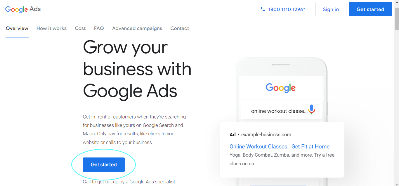 Get Started page of Google Ads