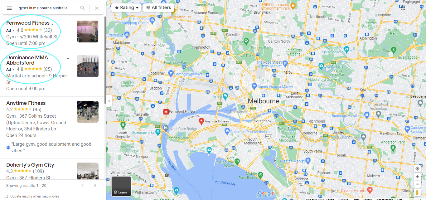 Google Ads for gyms in Melbourne, Australia on Google Maps 