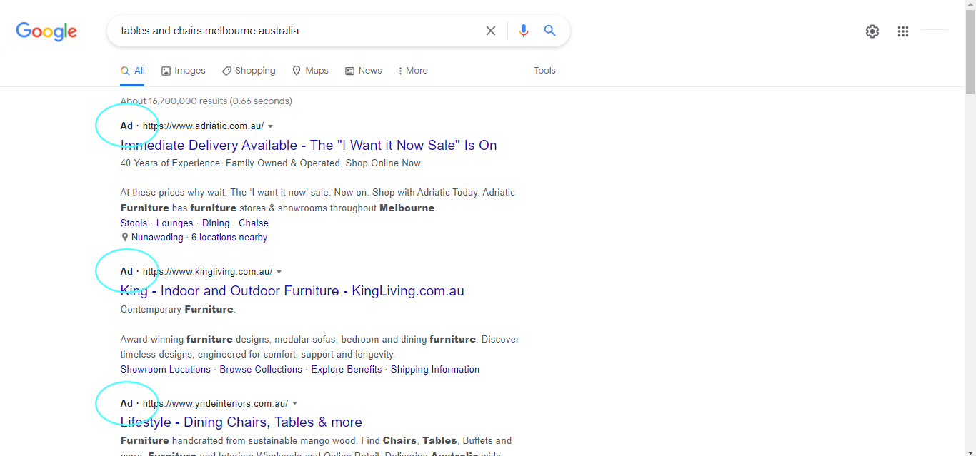A list of Google Ads for tables and chairs in Melbourne, Australia