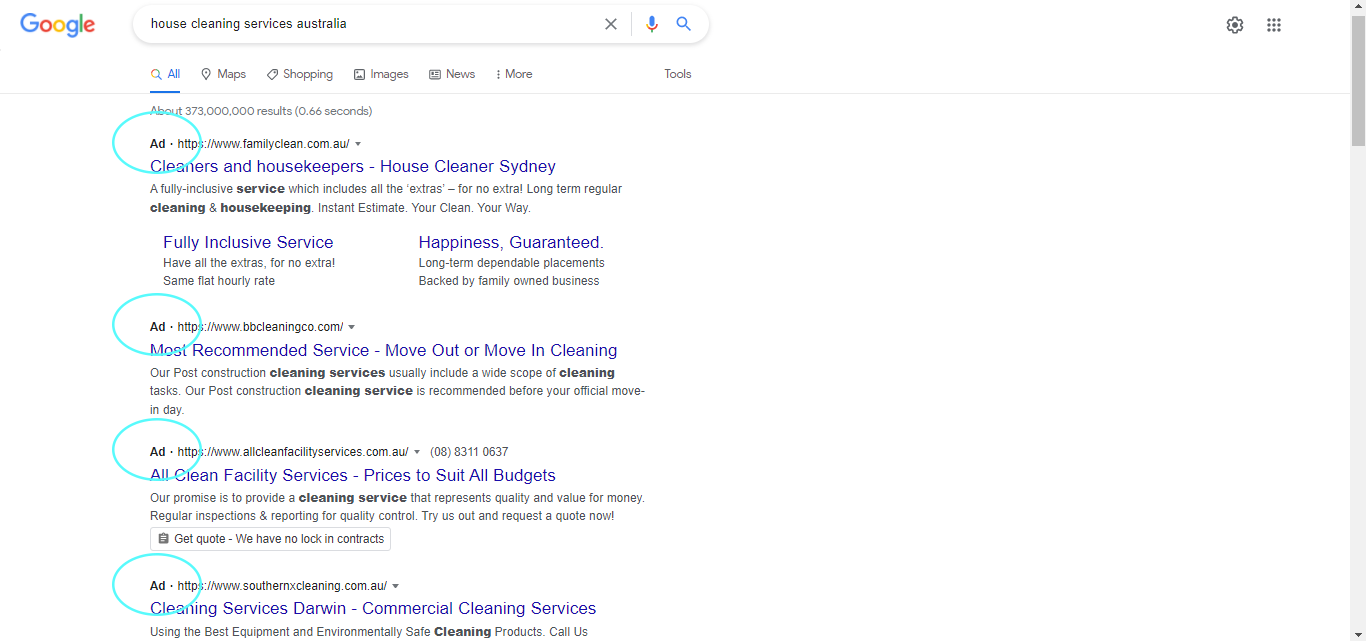 List of Google Ads for house cleaning services in Australia
