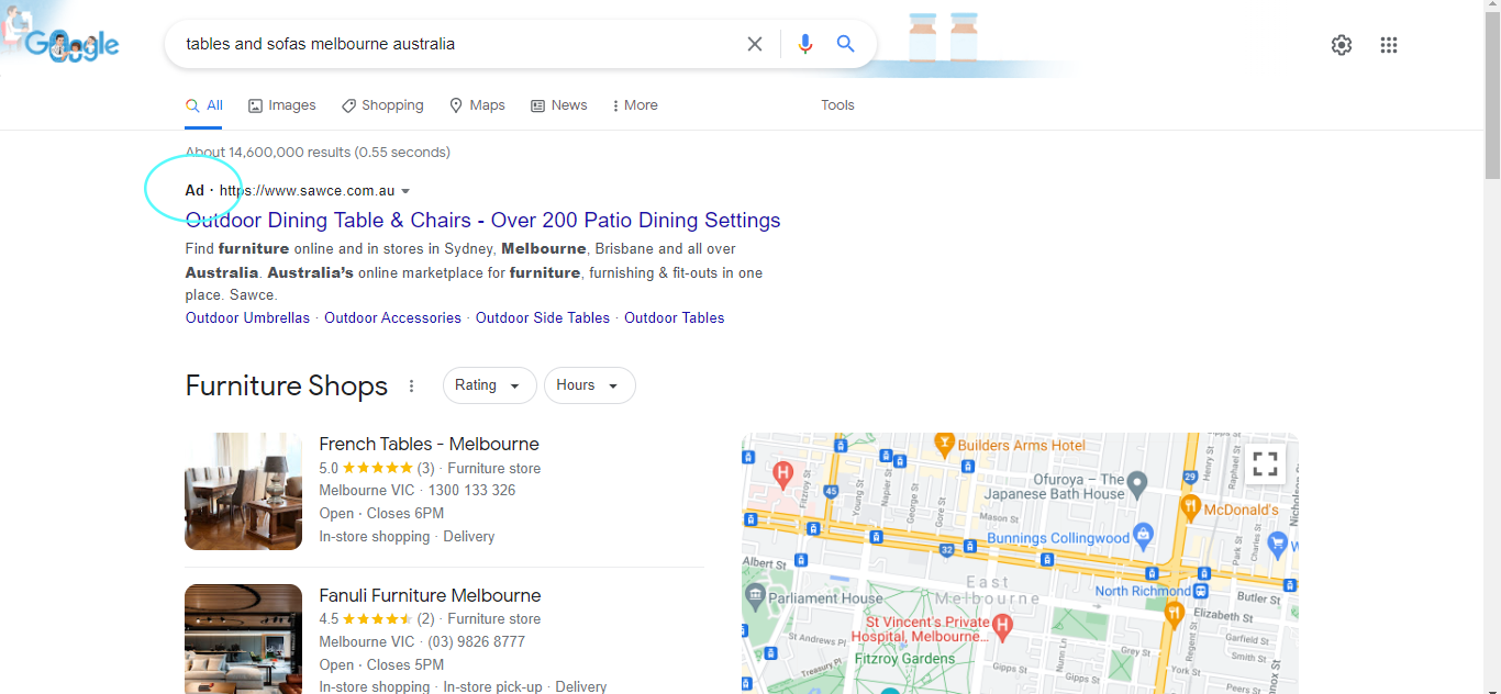 A Google Ad for tables and sofas in Melbourne, Australia