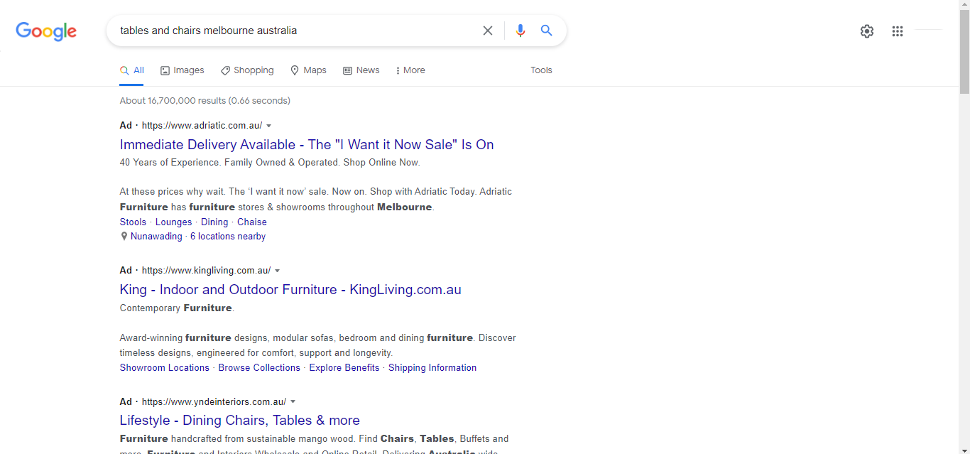 A list of search ads for tables and chairs in Melbourne, Australia