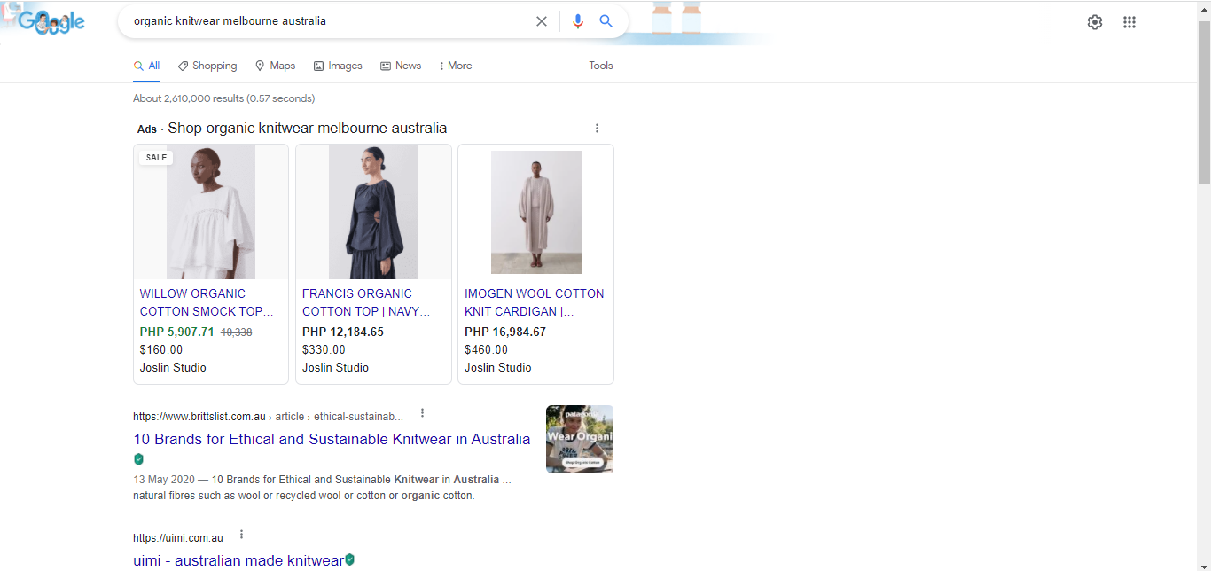 Shopping Ads for organic knitwear in Melbourne, Australia