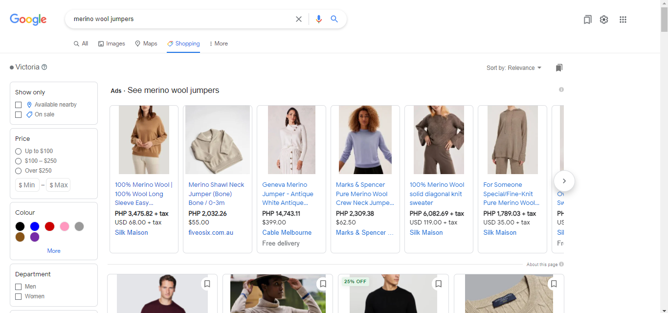 Shopping Ads for Merino Wool Jumpers shown in Google's Shopping Tab 