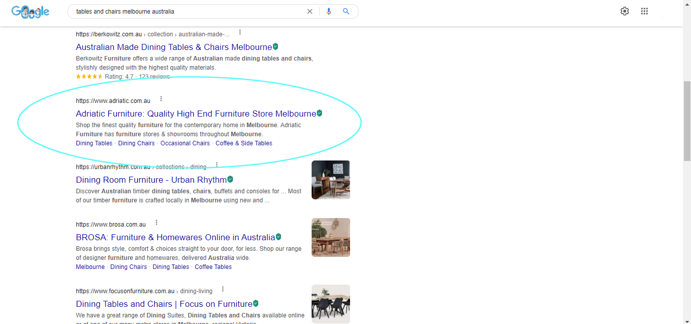 An organic search result for tables and chairs in Melbourne, Australia