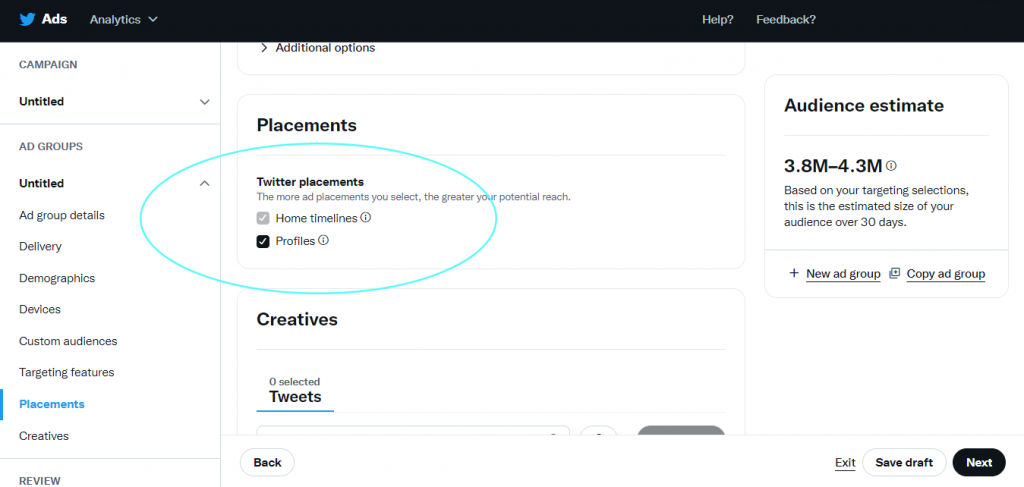 Ad placements for the Followers campaign objective are Home Timelines and Profiles