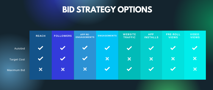 Bid strategy options for each campaign objective