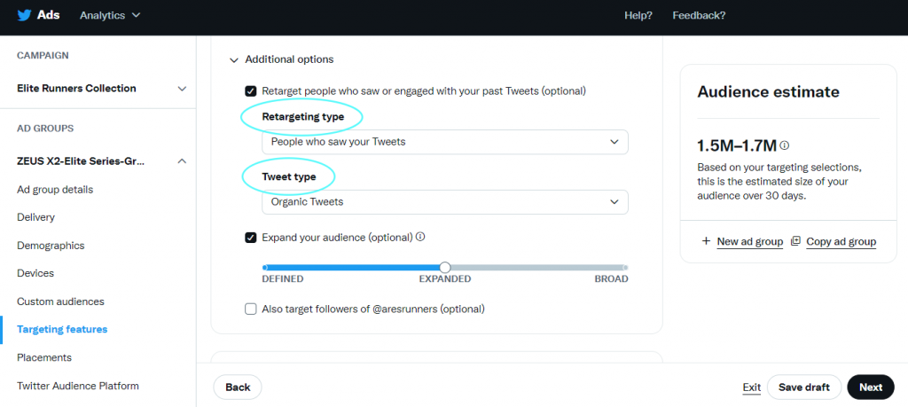 Retargeting type and Tweet type options for retargeting people who saw or engaged with your past Tweets