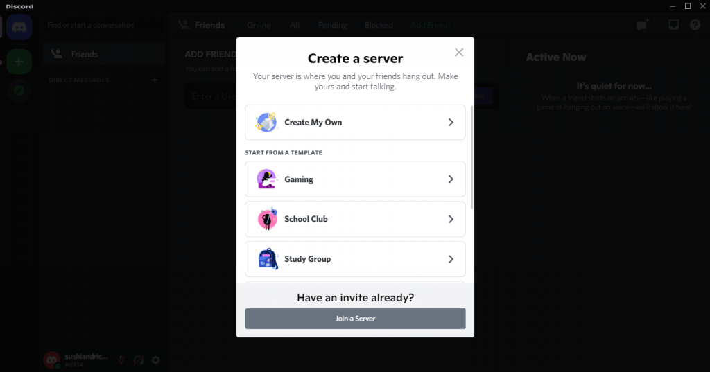 Creating a Discord server has two options which are Create My Own or Start from a Template