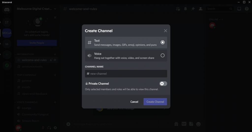 Discord channel type options, channel name portion and the option for a channel to be set in private