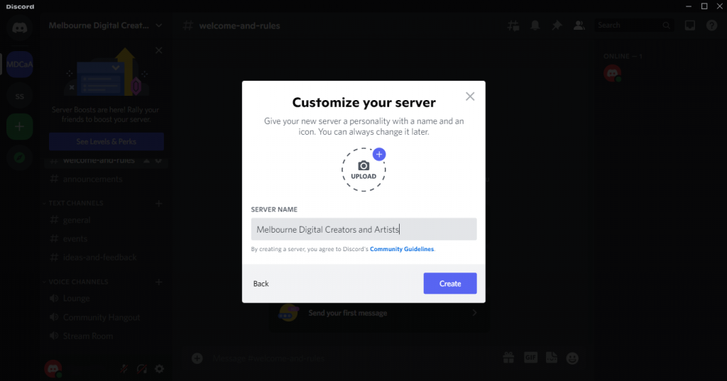 Server name example when creating a Discord server is Melbourne Digital Creators and Artists