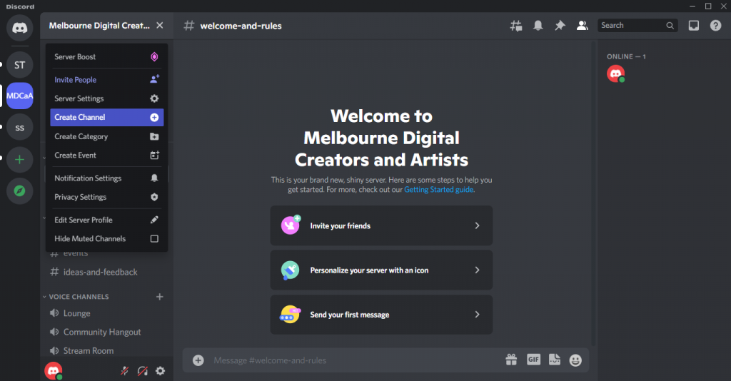 The "Create Channel" button for creating a Discord channel