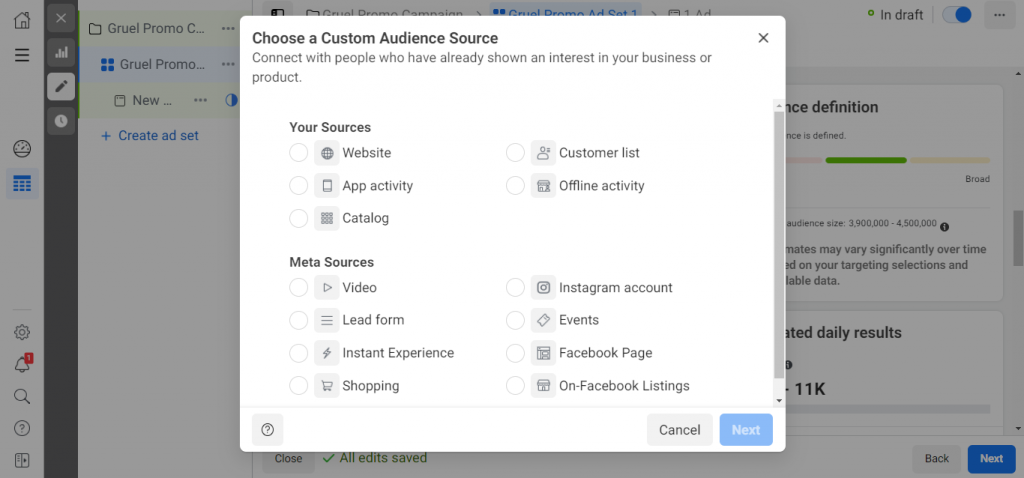 Facebook Advertising's Choose a Custom Audience Source option