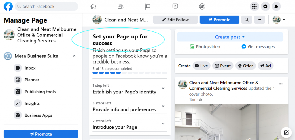 Facebook Page's Set Your Page Up for Success section guides you with what else is needed to complete your Facebook Page