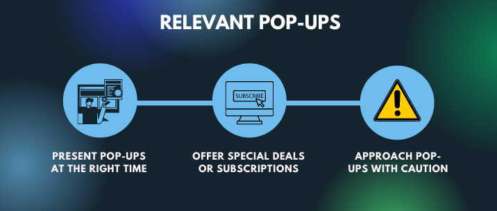 Present pop-ups at the right time, offer special deals or subscriptions through pop-ups but approach pop-ups with caution. 