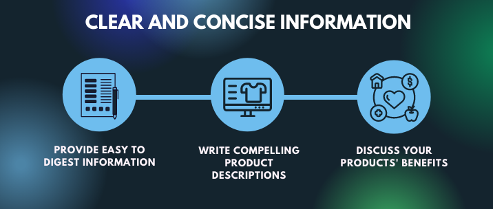 Provide easy to digest information, write compelling product descriptions and discuss your products' benefits