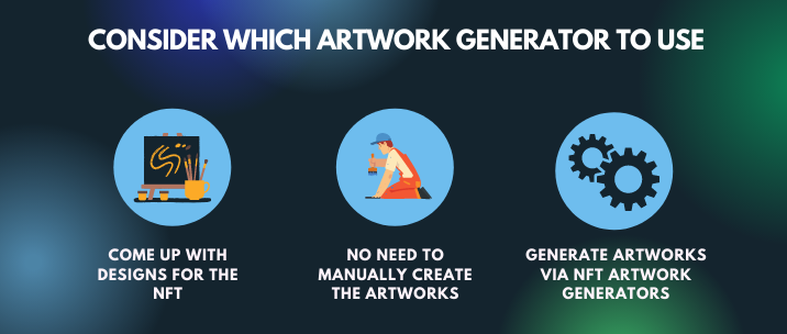 Come up with designs for the NFTs, no need to manually create the artworks, generate artworks via NFT artwork generators