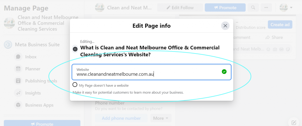 Clean and Neat Melbourne VIC's business website link on its Facebook Page