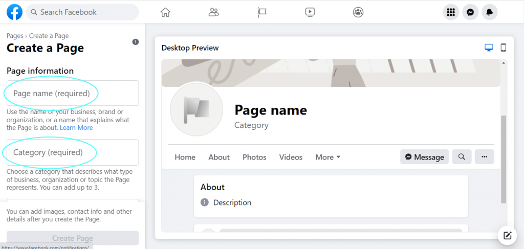 Facebook Page Name and Category