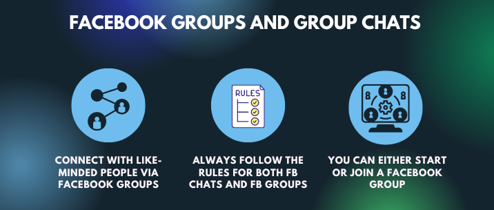 connect with like-minded people via Facebook groups, always follow the rules for both fb chats and FB groups and you can either start or join a Facebook group