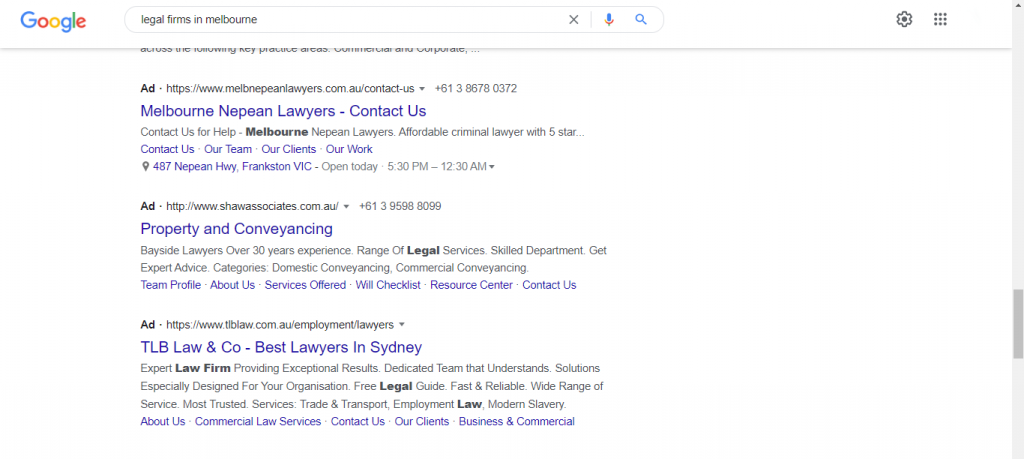 Google Search Ad for Law Firms in Melbourne