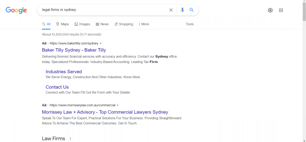 Google Search Ad for Law Firms in Sydney