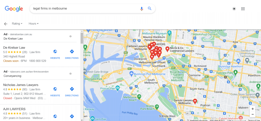 Google Search Ads appearing on Google Maps for Law Firms in Melbourne