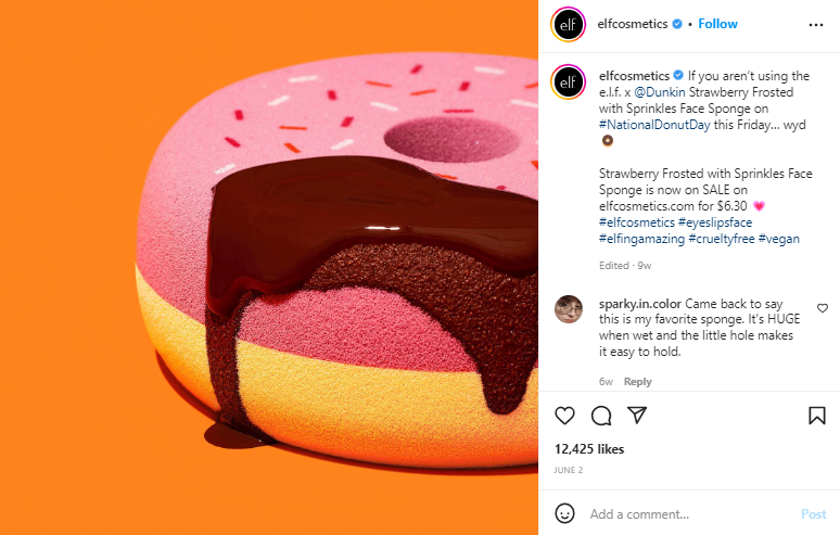 Instagram post of the Dunkin' Strawberry Frosted with Sprinkles Face Sponge