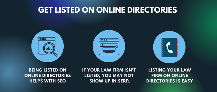 being listed on online directories helps with SEO, if your law firm isn’t listed, you may not show up in SERPs, and listing your law firm on online directories is easy