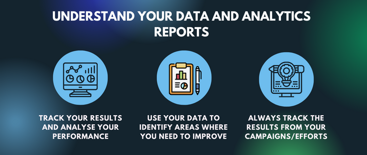 track your results and analyse your performance, use your data to identify areas where you need to improve, and always track the results from your campaigns or efforts