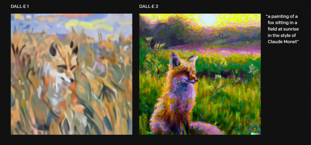 DALL E 1's and DALL E 2's painting of a fox sitting in a field at sunrise in the style of Claude Monet