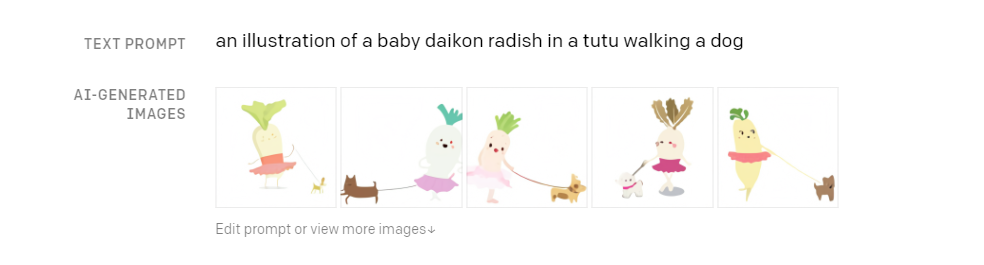 DALL E's illustration of a baby daikon radish in a tutu walking a dog