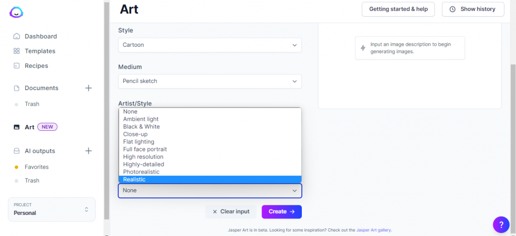 Jasper Art's Artist or Style option