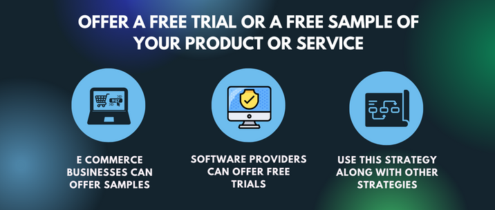 e commerce businesses can offer samples, software providers can offer free trials and use this strategy along with other strategies