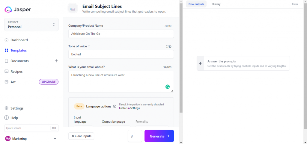 Email Subject Line Fields from Jasper.ai