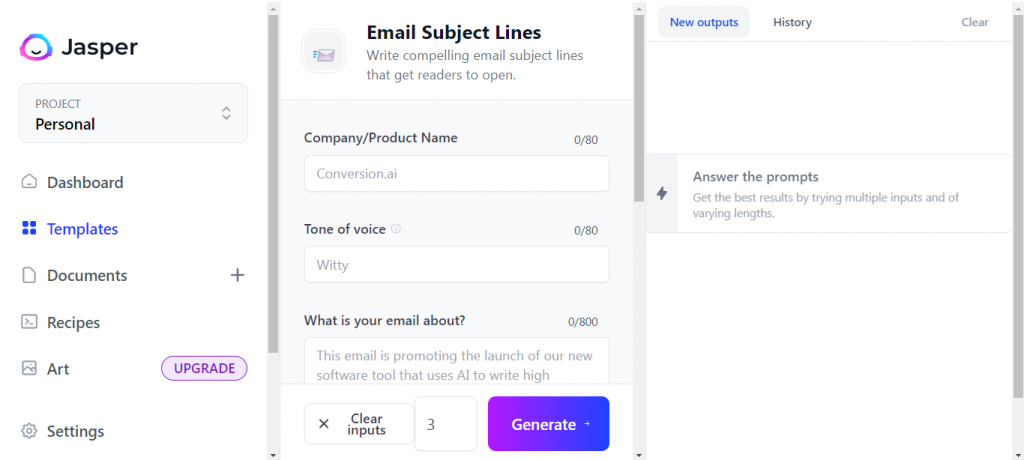 Email Subject Line Template from Jasper.ai