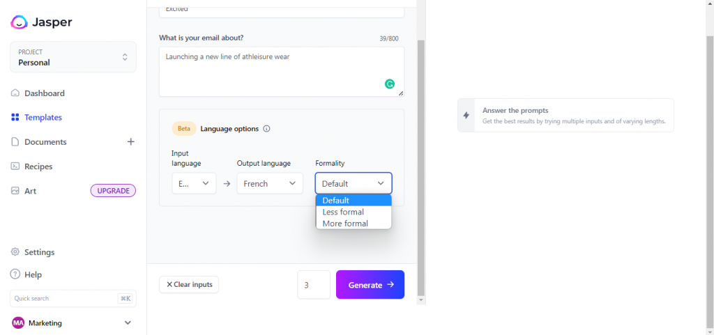 Input Language, Output Language and Level of Formality Options of the Email Subject Line Template from Jasper.ai