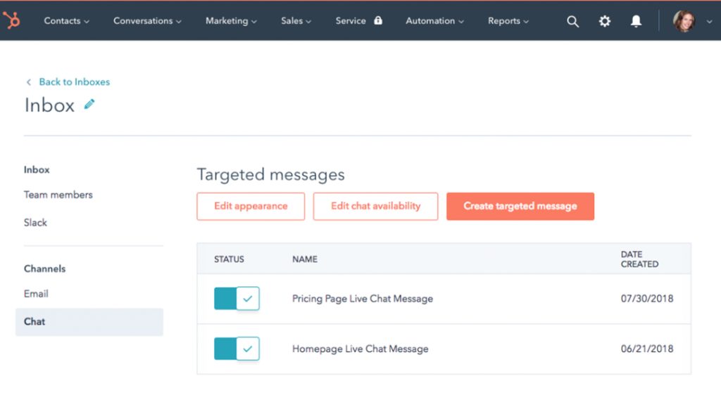 Live Chat of HubSpot's Service Hub