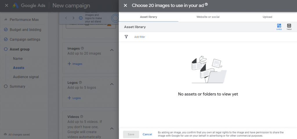 The "Images" window within an asset group 