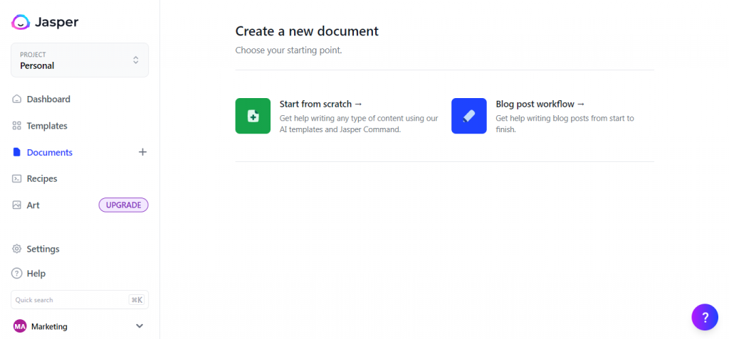 Start from scratch and Blog post workflow options when creating a new document on Jasper.ai