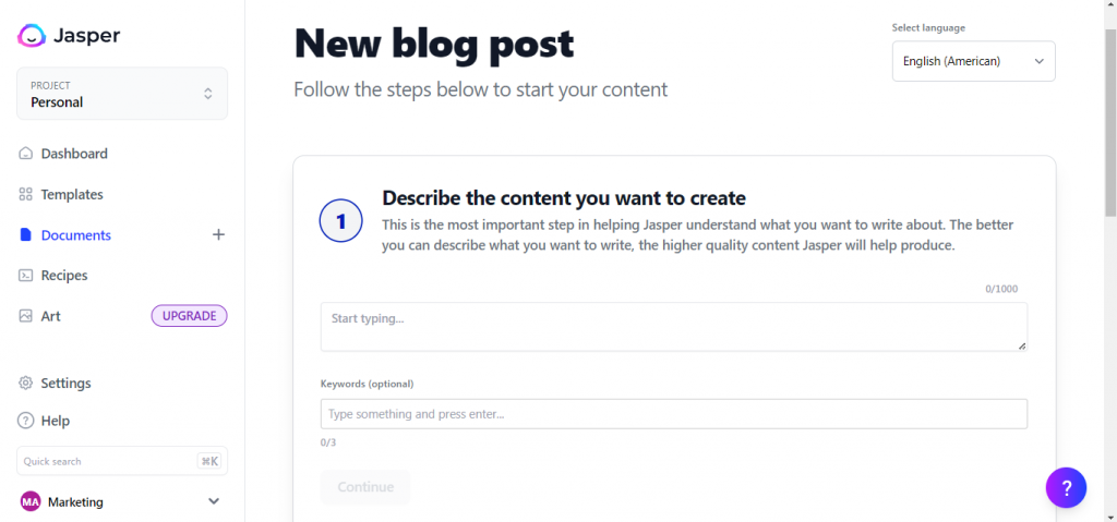 Step 1 in Jasper's Blog Post Workflow