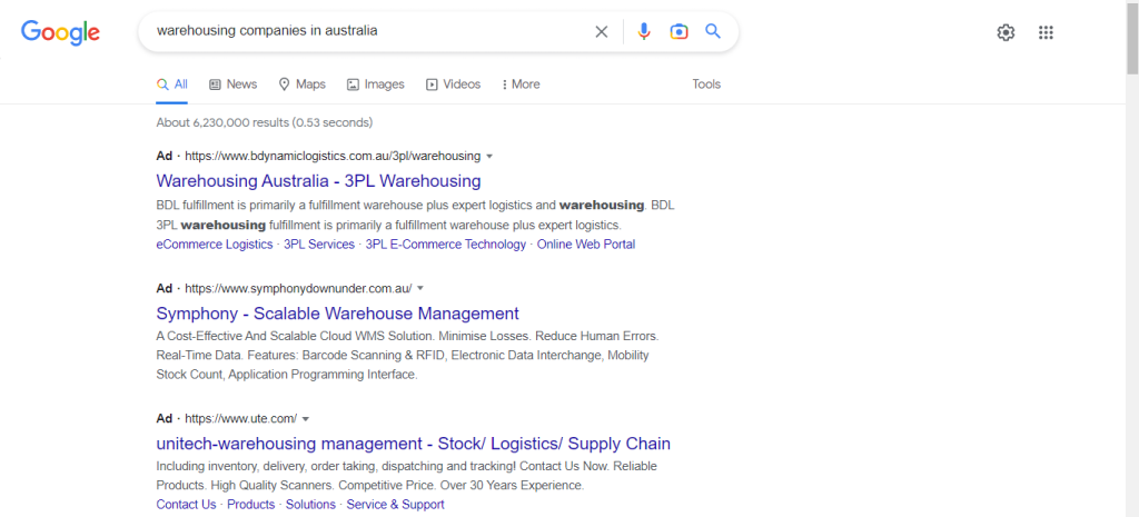 Google Search Ads for Wearhousing companies in Australia