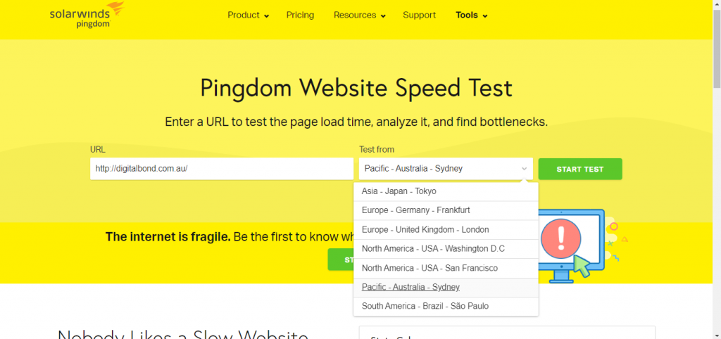 Testing Location field of Pingdom Speed Test