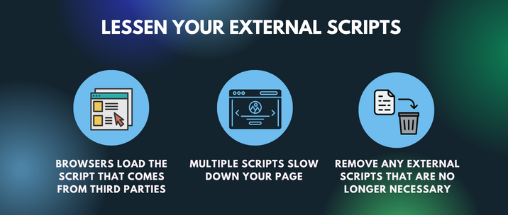 browsers load the script that comes from third parties, multiple scripts slow down your page and remove any external scripts that are no longer necessary
