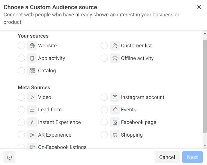 Custom audience section in Facebook Ads