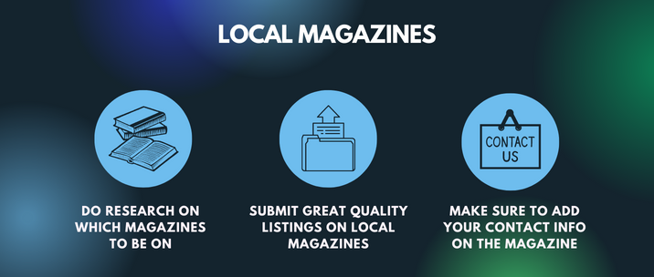 local magazines. do research on which magazines to be on, submit great quality listings on local magazines, make sure to add your contact info on the magazine